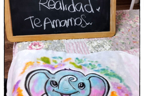 Foto de un dibujo de un elefante con colores transferido a una tela